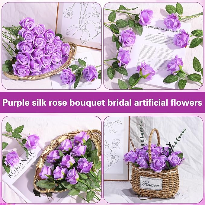 150 Pcs Roses Artificial Flowers, Silk Purple Artificial Flowers Petals Long Stem Roses for Wedding Bouquet Home Party Decor