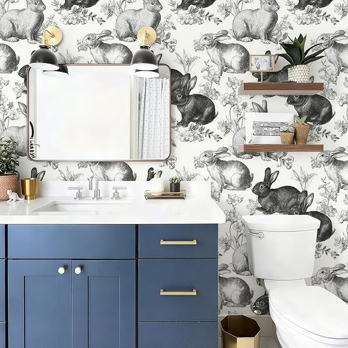 Floral Peel and Stick Vintage Animal Wallpaper Rabbit Removable Botanical Leaf Sketch 17.7" x 236.22" Wall Paper Self Adhesive Contact Paper for Classroom Bedroom Laundry Room Bathroom