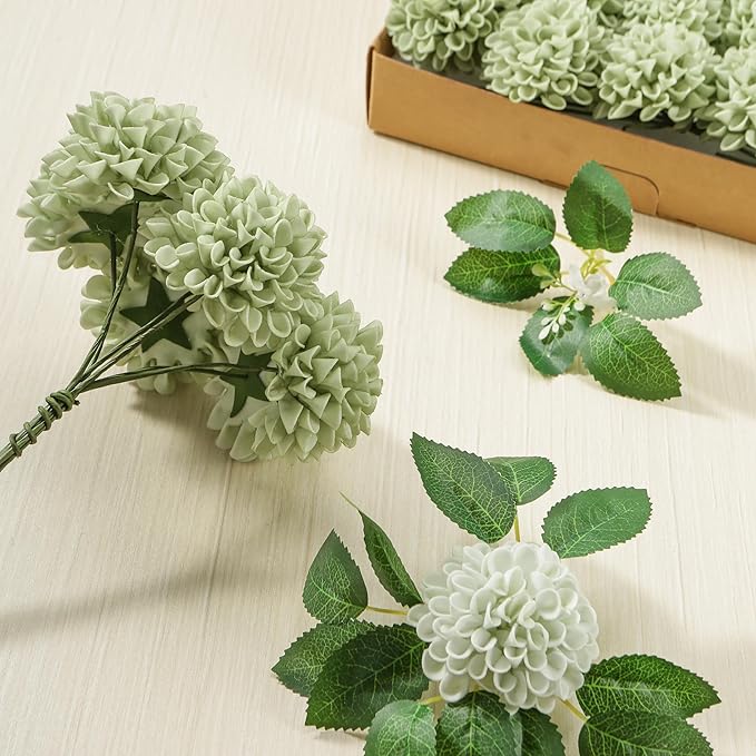 Artificial Flowers, 25pcs Sage Green Artificial Rose for DIY Wedding Bouquets Centerpieces Arrangements, Sage Green Rose and Dahlia Flowers with Stem for Bridal Shower Party Home Decorations