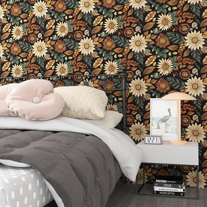 Boho Wallpaper Peel and Stick,Vintage Black Brown/Green Floral Contact Paper 17.5" x 118", Retro Flower Botanical Wall Paper Self Adhesive Removable Waterproof for Walls Shelves Cabinet Table Decor