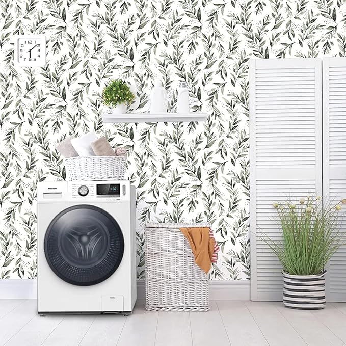 Erfoni Leaf Peel and Stick Wallpaper Dark Green Contact Paper 17.7inch x 590.5inch Greenery Eucalyptus Wallpaper Peel and Stick Leaves Plant Self Adhesive Wall Paper for Bathroom Livingroom Decor