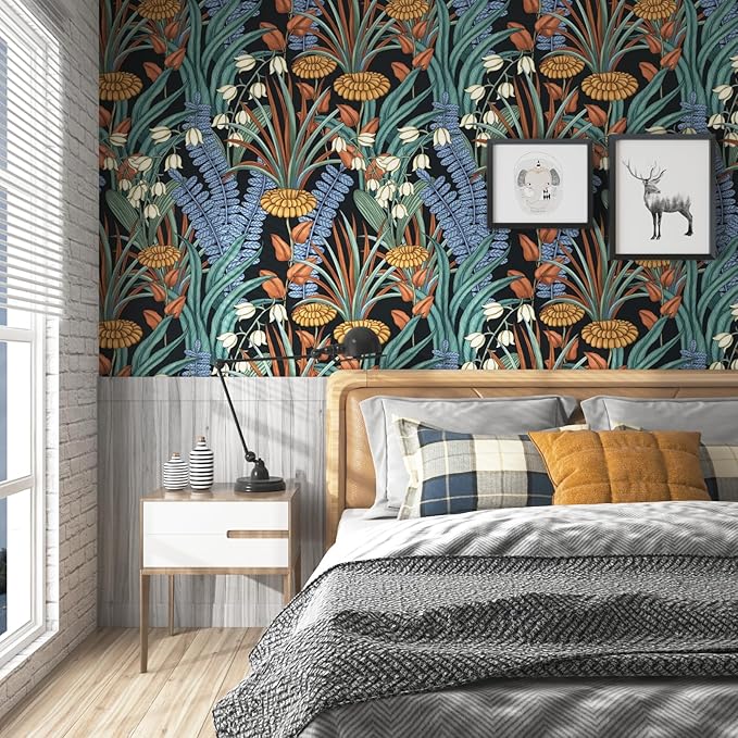 Boho Floral Peel and Stick Wallpaper Vintage Botanical Wallpaper, Self Adhesive Wall Mural 17.5" x 118" Tropical Rainforest Wall Paper for Bedroom Walls Cabinet (Black, Orange, Blue)