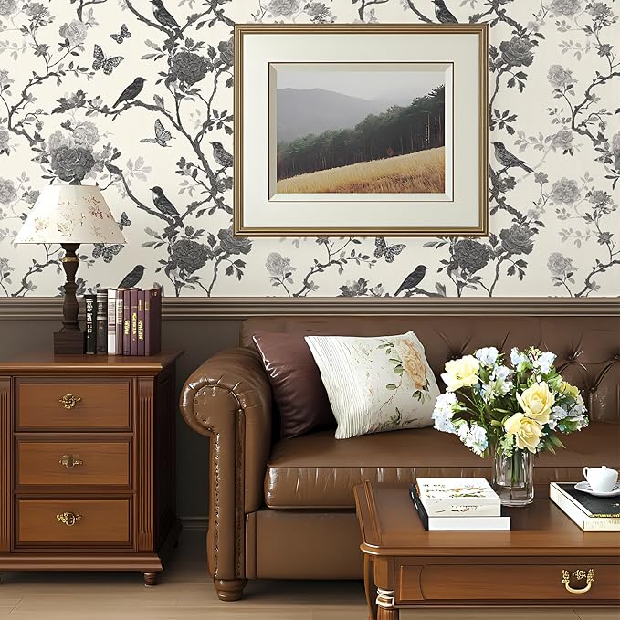 Vintage Peel and Stick Floral Bird Contact Paper Butterfly Removable Botanical Leaf Tree Wallpaper 17.7" x 118.11" Wall Paper Sketch Self Adhesive for Classroom Bedroom Laundry Room Bathroom