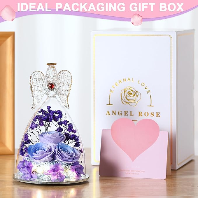 Mothers Day Rose Gifts for Women, Large Angel Figurines with Real Roses, Preserved Real Flower Rose for Her - Purple Blue