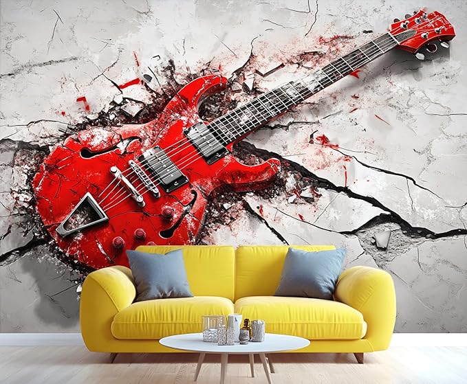 Red Electric Guitar Wall Mural, Grunge Style Guitar 3D Wall Murals, Rock Music 3D Explosion Wallpaper Mural, for Living Room Bedroom Large Wallpaper Indoor Decor 118" W x 82.6 "H