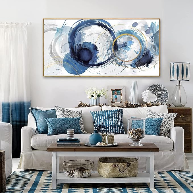 Wall Art Abstract Art Paintings Blue Fantasy Colorful Graffiti on White Background Modern Artwork wall Decor for Living Room Bedroom Kitchen 24"x48" with Framed