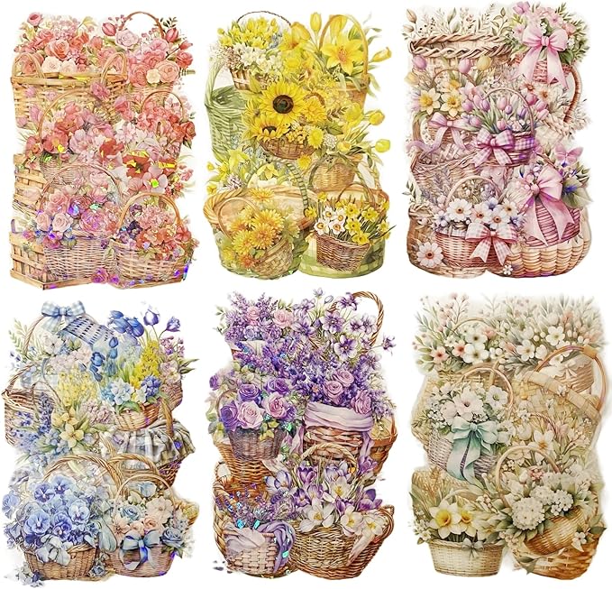 TIAMECH Picking Flowers PET Stickers - 72 Pcs Blooming Spring & Flower Charm Design, Waterproof Sticker for Journaling & Scrapbooking, Junk Journal Supplies, Ephemera & DIY Crafts