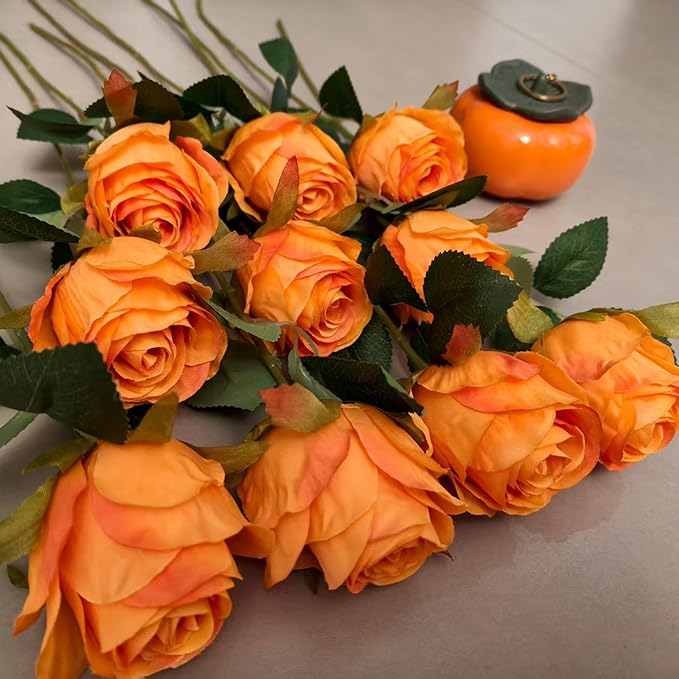 Artificial Roses 10 Pcs - Lifelike Single Stem Fake Roses with Natural Petal Texture,Fade-Resistant Silk Flowers for Wedding Decor,Home Vase Arrangements,Party Centerpieces(10, Orange)