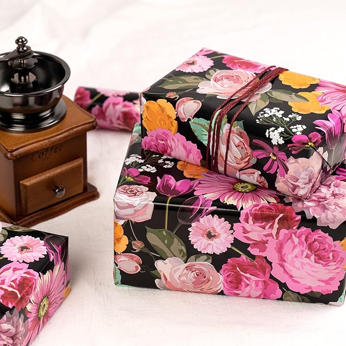 WRAPAHOLIC 30 Inch Reversible Floral Wrapping Paper - 30 Inch X 33 Feet - Colorful Flower Wrapping Paper for Birthday, Mother's Day, Wedding, Baby Shower, Bridal Shower