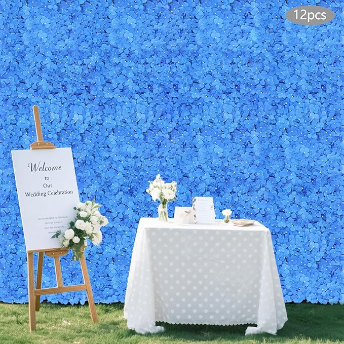 12Pcs Artificial Flower Wall Panel, 3D 15" X 15" Silk Rose Mat Artificial Flower Walls,Decorative Backdrop Flower Panels Wall for Wedding Party Stage Baby Shower Decor (Blue)