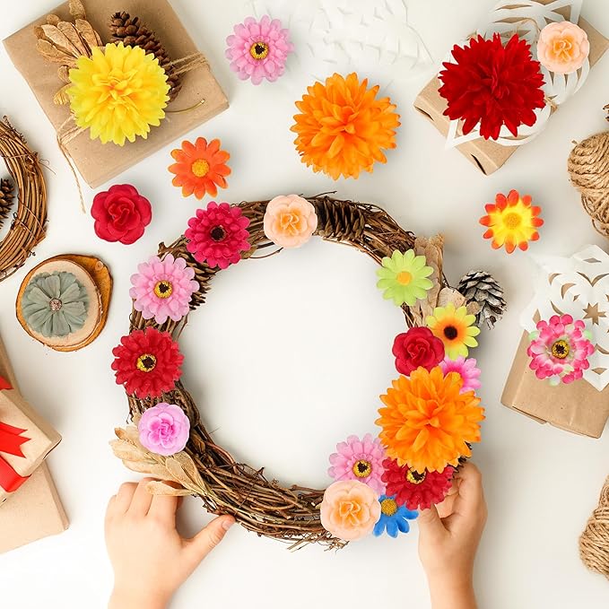 210Pcs Fall Decor Mini Silk Flower Heads Small Fake Mums Rose Faux Flowers Bulk for Crafts Orange Artificial Loose Fabric Flowers Heads Sunflower Bulk for Wedding Hair Cap Autumn Home Decorations