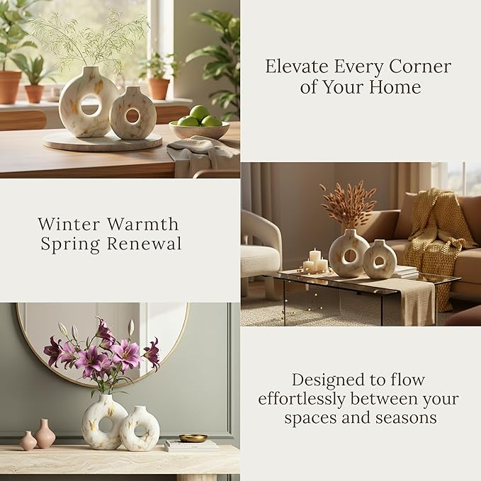 Modern Ceramic Donut Vase Set of 2 - Boho Design White and Gold Marble Pattern Vases for Flowers and Pampas - Elegant Home Decor Centerpieces for Coffee Tables - Entryways - Dining and Living Rooms