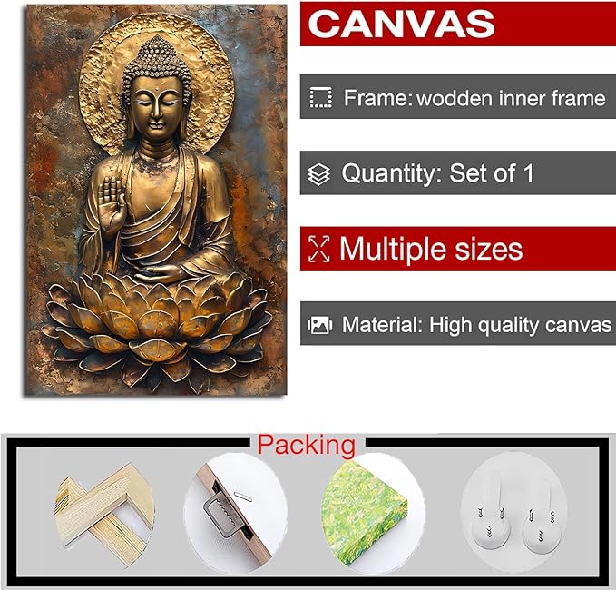 Buddha Wall Art Golden Buddha in Lotus Seat Serene spiritual statue radiant aura Meditation and mindfulness wall art suitable for sacred spaces 8x12in Wood Framed