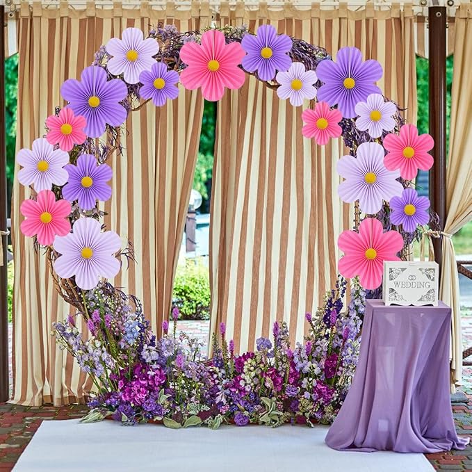 Purple Party Decorations Paper Flowers Decorations for Wall Classroom Paper Fans Floral Backdrop Flower Wall Decor Pack of 9 Pink Purple