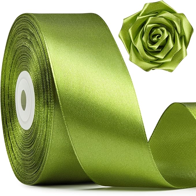 1-1/2 Inch Wide Olive Green Satin Ribbon, 50 Yards Solid Polyester Fabric Ribbon for Roses Making, Gift Wrapping, Christmas, Wedding Decorations, Crafts, Bows, Flower Bouquets