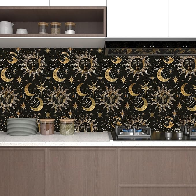 Black Peel and Stick Removable Vintage Wallpaper Gold Celestial Sun Moon Star Contact Paper 17.5" x 393" Dark Boho Mural Waterproof for Wall Bedroom Kitchen Bathroom Cabinet Room Decor