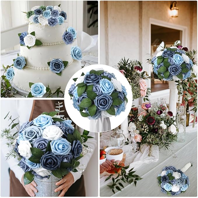 100 Pcs Artificial Foam Rose Faux Bouquet with Leaves and Stems for DIY Wedding Bouquets Centerpieces Bridal Shower Party Valentine Home Decorations (Blue and White Gradient)