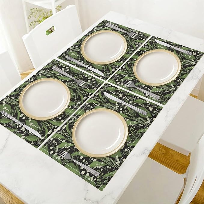 Vintage Botanical Placemats Set of 4, 17x12 Inch Retro Nature Plant Exotic Green Leaves Wildflower Table Mats for Home Party Kitchen Dining Decor