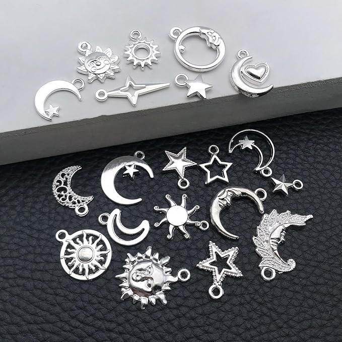 WOCRAFT 60pcs Bright Silver Sun Moon Star Bracelet Charms for Jewelry Making Sets DIY Necklace Bracelet Keychain Crafting Charms Kit Craft Supplies (SN837)