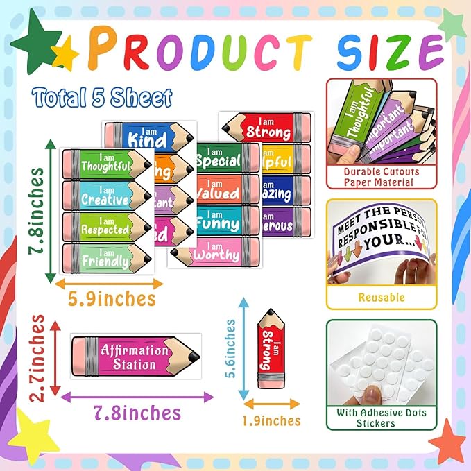 Watercolor Inspirational Mirror Decals Pencil Cutouts Stickers for Bulletin Board Set Kids Motivational Stickers for Galss Window Positive Affirmation Wall Decal for Playroom Nursery Teacher Supplies