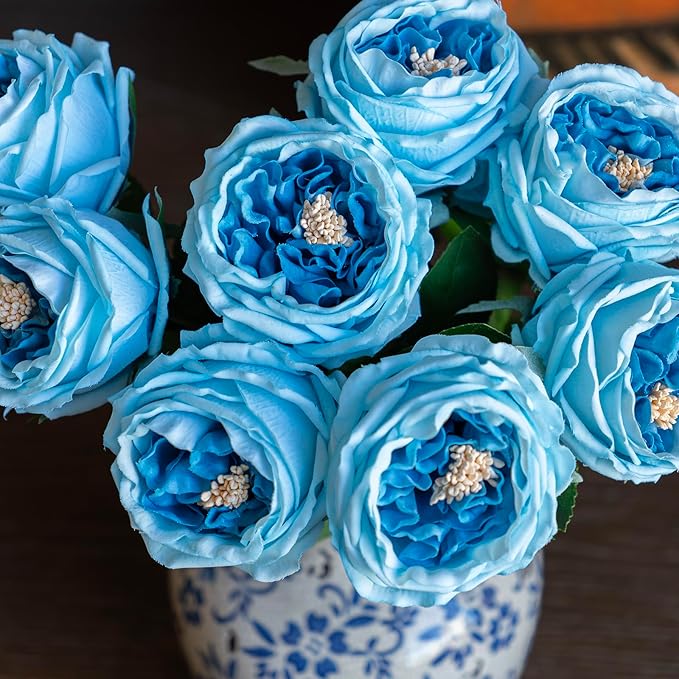 Fake Flowers for Decoration Home Decor Real Touch Artificial Flowers Austin Rose Peony Latex Fake Flower Living Room Decoration Vivid Pink Roses Peonies (Deep Blue 4pcs)