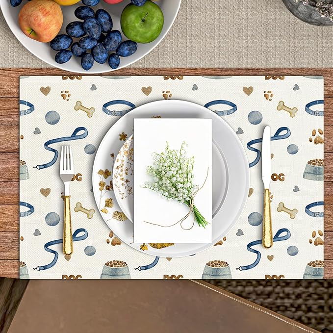 Dog Paw Print Placemats Set of 4, Puppy Pets Themed Table Mat for Home Kitchen, Restaurants, Outdoor Linen Washable Place Mats 12x18 inch Party Event Dining Decoration-08