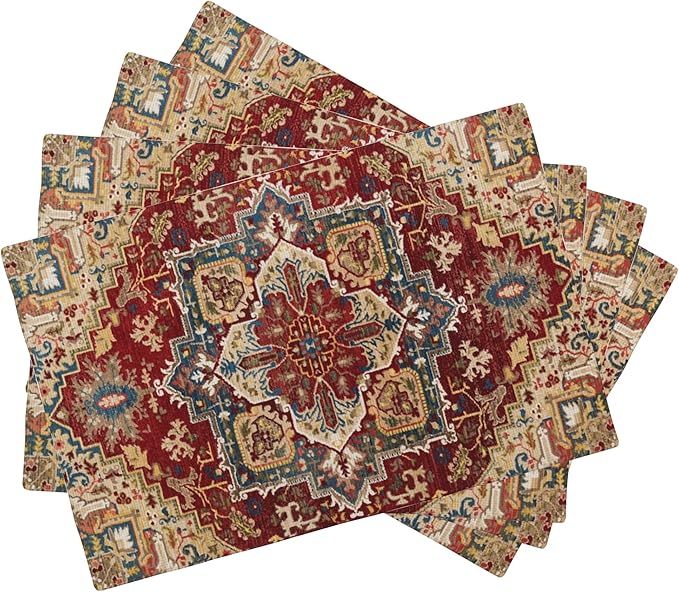 Retro Boho Carpet Placemats Set of 4,Boho 12x18 Inch Non-Slip Washable Heat Resistant Linen Fabric Table Mats,Place Mats for Holiday Party