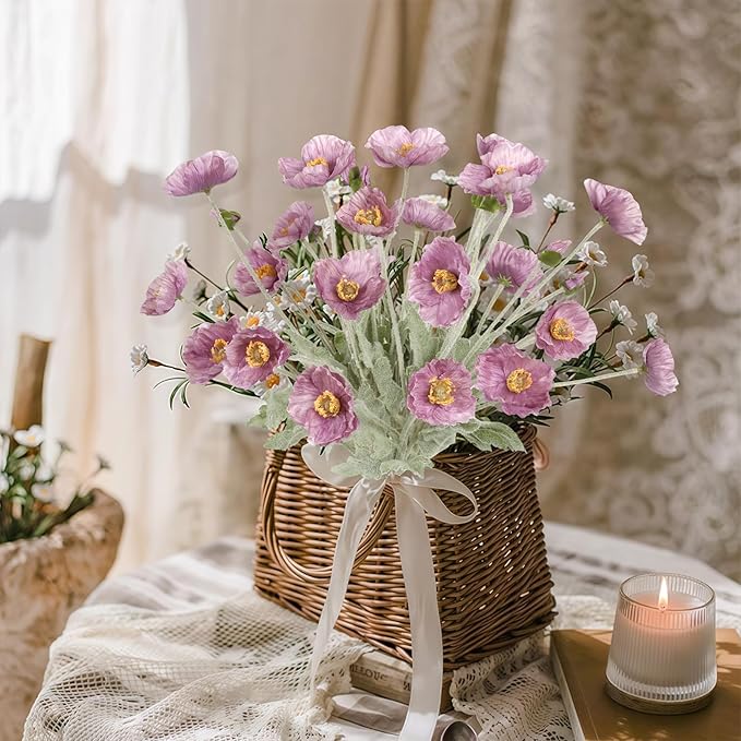 8PCS Purple Poppy Flowers Artificial 22.8" Realistic Faux Silk Poppies Flowers with Stems for Wedding Party Table Centerpiece Home Decor(Purple)