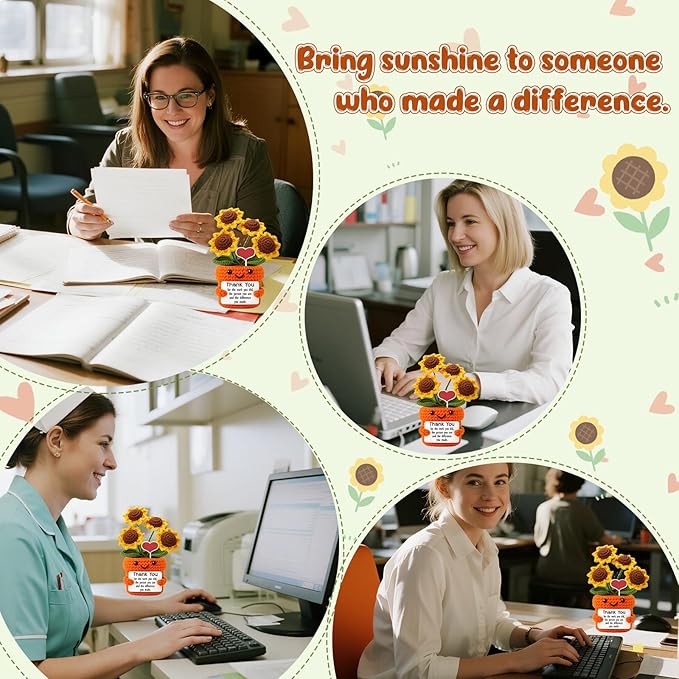 Mini Thank You Gifts for Women Handmade Crochet Sunflower Appreciation Gift for Women, Teacher, Mentor, Nurse, Boss, Leader, Friend, Coworker Retirement Farewell Christmas White Elephant Gift Ideas