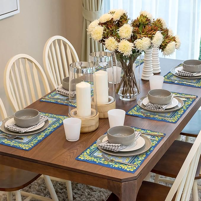 Lemon Placemats Set of 6, Farmhouse Blue Yellow Fruits Spring Summer Double-Sided Table Mats for Kitchen Dining Room Home Party Indoor Decor 6 PCS 12x18 Inch