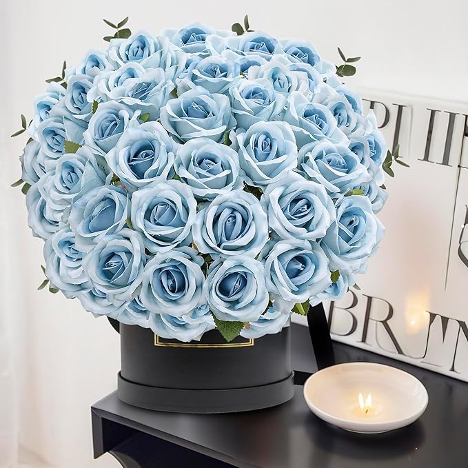 50PCS Artificial Roses with Long Stems - Realistic Silk Flowers, Fake Roses Real Touch Bouquet of Roses for Home Decor, Bridal Wedding Party Table Centerpieces, Bulk Faux Rose Flowers ( Sky Blue )