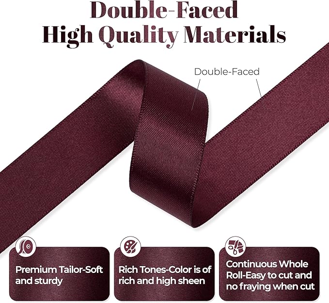 Burgundy Satin Ribbon, Double Faced 7/8 Inch X 25 Yards, Premium Satin Ribbon for Gift Wrapping, Crafts, Hair Bow Making, Sewing, Flower Bouquet, Wedding Party Decor