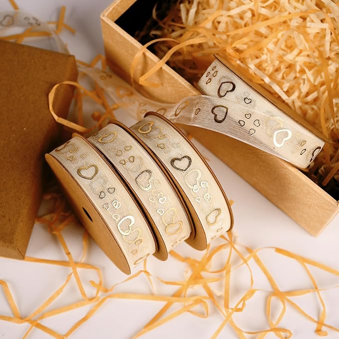 ‌SAYUAN Gold Hearts Ribbon 5/8 Inch x 30 Yards Organza Ribbon with Gold Heart Pattern for Valentine's Day Birthday Christmas Gift Wrapping Handmade Crafts Floral Bouquet Wedding Party Decoration