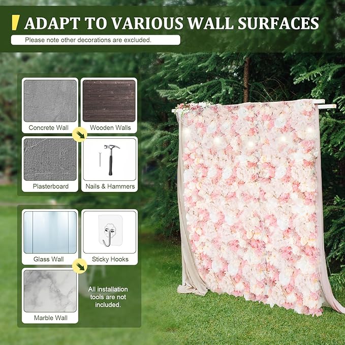 12Pcs Flower Wall Panel, 24x16in Artificial Flower Wall Backdrop Pink Dahlia Hydrangea Rose Flowers Wall Backdrop Flowers Photo Background for Photo Background Party Wedding Decoration