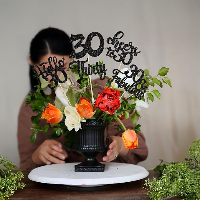 Gyufise 15Pcs 30th Birthday Centerpiece Sticks Thirty Happy 30th Table Flower Centerpieces Sticks Cheers to 30 Floral Decorations for 30th Birthday Party Centerpieces Supplies Black