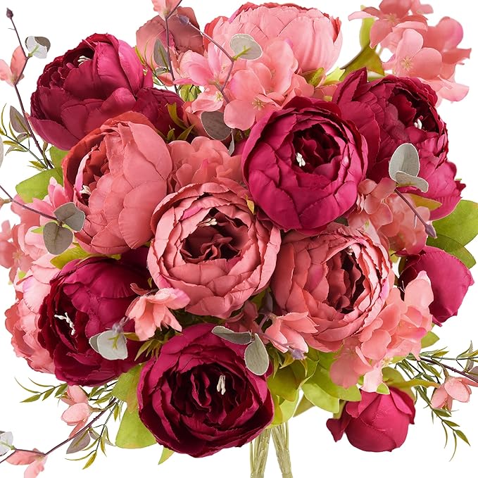 FiveSeasonStuff Vintage Artificial Peonies Silk Flowers and Hydrangeas for Wedding Bridal Home Décor – Beautiful Floral Centerpiece Arrangement Decoration with 2 Bouquets (Country Barn Red)