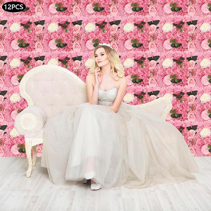 12Pcs Artificial Flower Wall Panel 3D Floral Backdrop Walls15 X 15" Flower Wall Decor Panel Flower Backdrop for Party Home Background Decor-Dark Pink, White