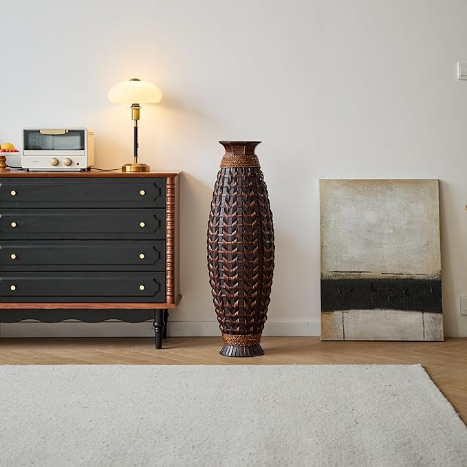 Large Hand-Woven Bamboo Floor Vase, Tall Home Decor Floor Vase for Fake Flower Dried, Flower Holder for Living Room, Bedroom, Dining Room, Entryway, Hallway