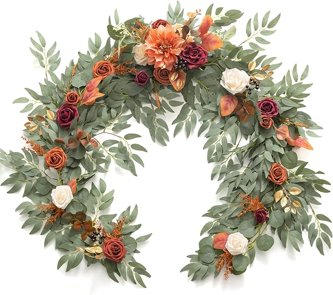 Ling's moment Terracotta Flower Garland - 6FT Eucalyptus & Rose - Sweetheart Table Decor for Wedding Reception, Fall Artificial Floral Garland for Mantle, Christmas Decoration, Burnt Orange