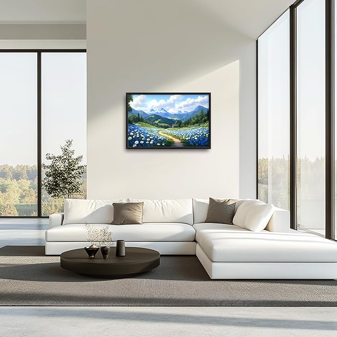 Mountain Large Wall Art Framed Wall Decor for Living Room Countryside Wildflowers Pictures Oversized Canvas Print Painting Modern Extra Large Framed Artwork for Bedroom Office 36"x24"