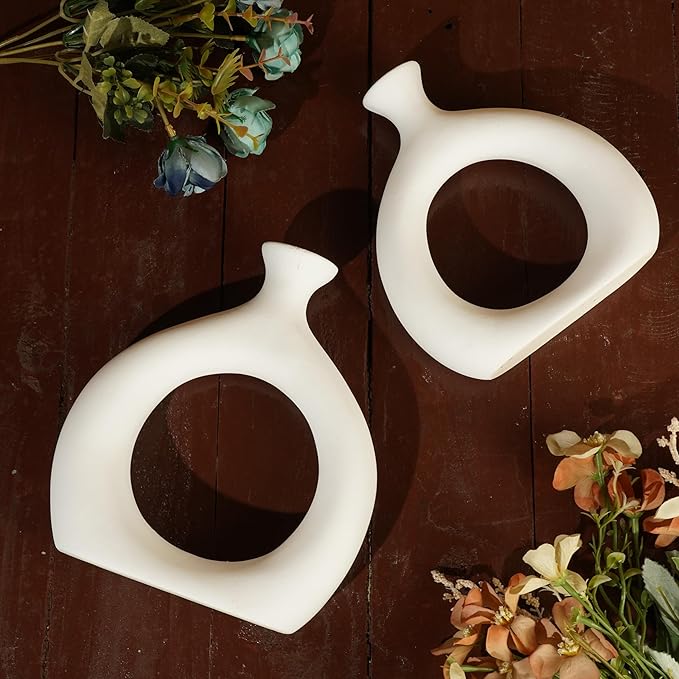 Ajuny Donut Vase Set of 2 – White Ceramic Modern Vases for Flowers, Pampas Grass, Centerpieces | Boho Table Decor for Living Room, Wedding, Kitchen, TV Stand, Office, Shelf, Mantle