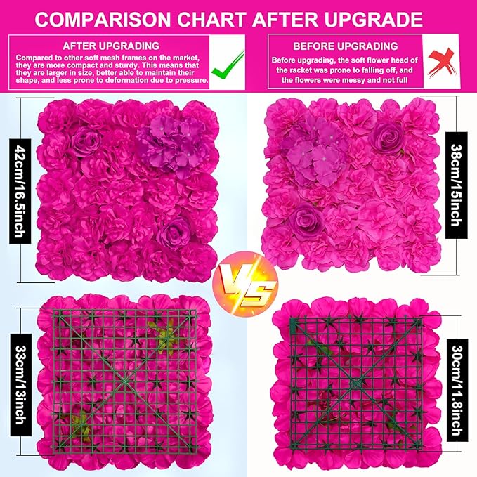 Flower Wall Backdrop 12pcs 16.5x16.5 Inch Floral Wall Panel Artificial Silk Rose Wall Decor Ideal for Wedding Celebrations, Festive Party Backdrops, and Home Decor-Bright Pink