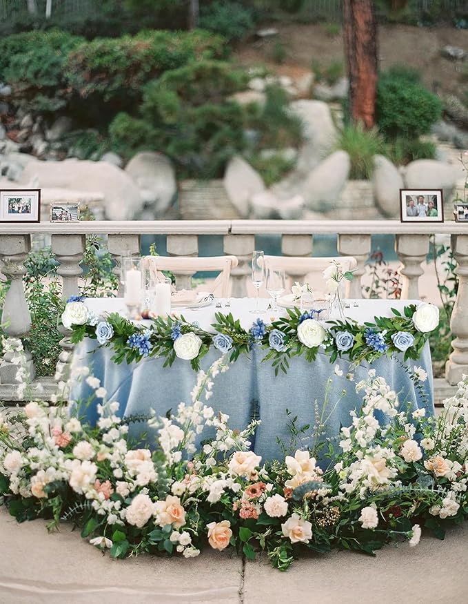 2 Pack Artificial Peony Flower Garland - 6ft Silk Peony Garland Flower Vine Blue and White Peony Silk Roses Flowers for Wedding Arch Party Table Decor (2, Blue)