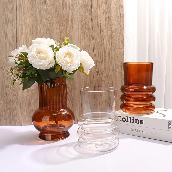 Brown Ribbed Glass Vase, 7" x 3.5" Thickened Modern Flower Fluted Vase Hydroponic Ornament Arrangement for Home Living Room Wedding Centerpieces Office Table Decor