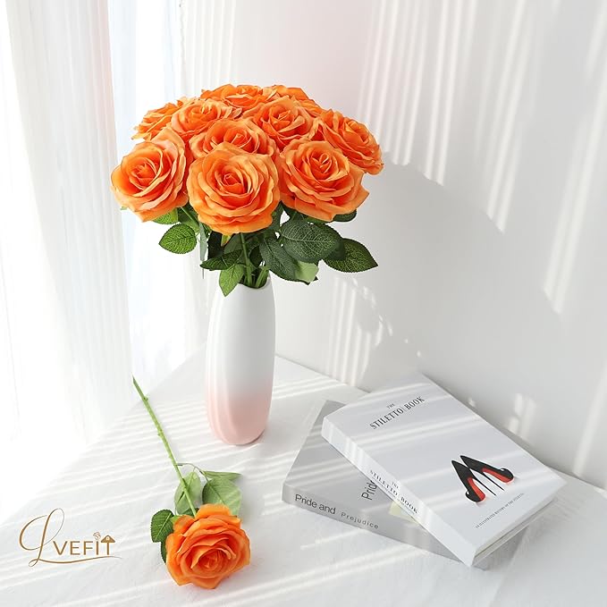 30pcs Artificial Rose Flower Orange Rose Orange Flower with Long Stem Silk Roses Bouquet for Wedding Bridal Shower Party Home Decoration