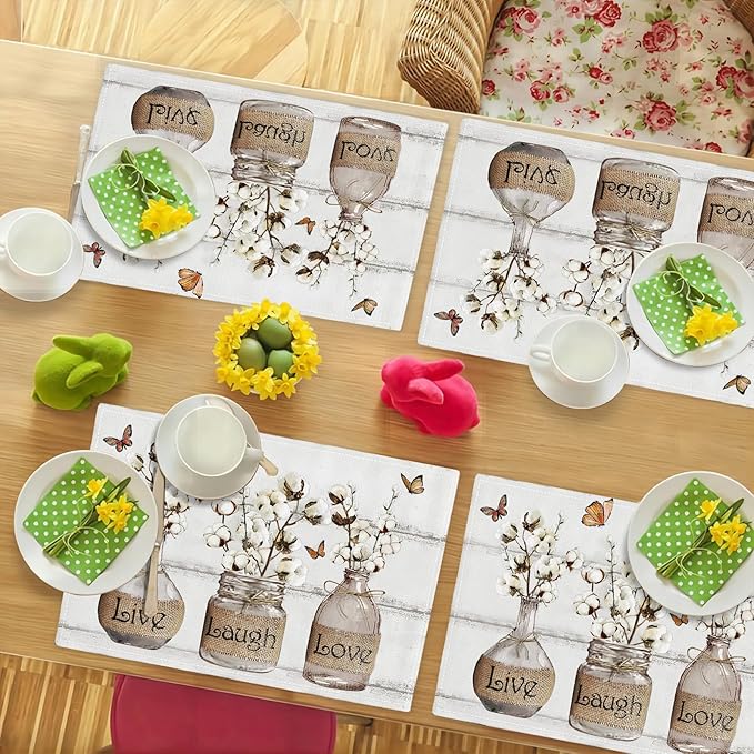 Cotton Flower Placemats Set of 6 Farmhouse Floral Table Mats Washable Place mats for Home Party Indoor Kitchen Dining Table Linen Decoration 12x18 Inch