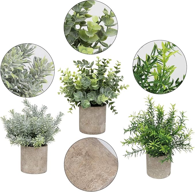 Flojery Mini Potted Plants Artificial Eucalyptus Boxwood Rosemary Greenery in Pots Faux Potted Herbs Small House Plants 8.3"-9" Tall for Indoor Greenery Tabletop Décor Centerpiece (Green)