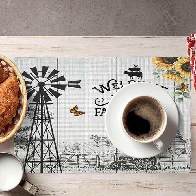 Farm Placemats, Vintage Rustic Farmhouse Wooden Plank Cow Sunflower Tractor Windmill Butterfly Print Washable Fabric Placemats Table Kitchen Dining Party 12x18 Inch Set of 4