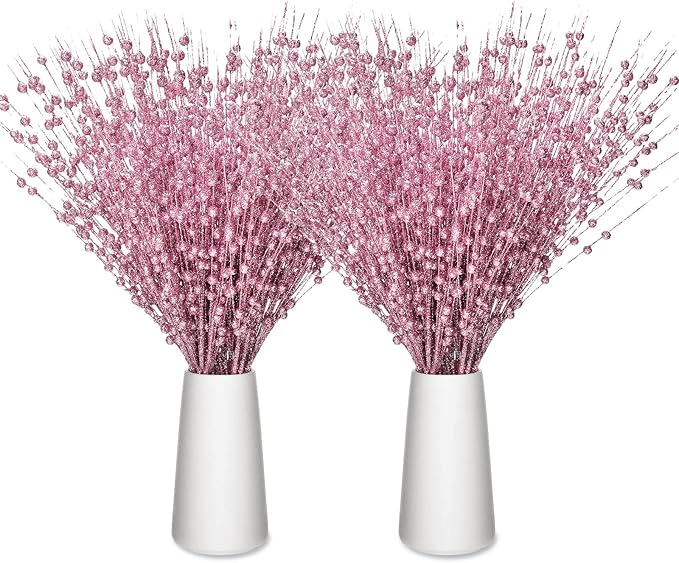 Geosar 30 Pcs Christmas Artificial Glitter Berry Stem Decorations 17 Inch Faux Stick Floral Pick Centerpiece Bouquet Flower Bead Twigs for Centerpiece Tree Wreath Xmas Ornaments Home(Pink)