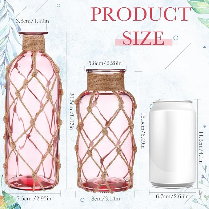 Chuangdi Set of 2 Coastal Glass Vases for Flower Small Flower Vase with Boho Rope Wrapping Beach Decorative Bottle for Coastal Nautical Table Centerpiece Wedding Floral Arrangement Decor(Pink)